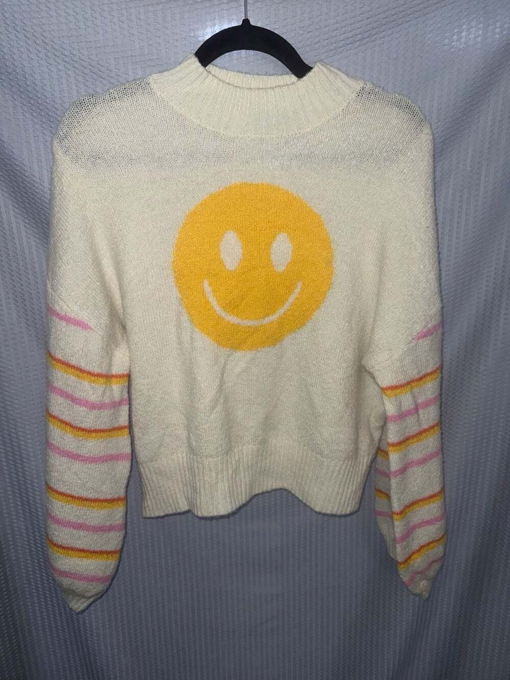 Social Scene Smiley Face Striped Sleeve Sweater Size S